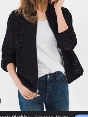 CHICO"S Gorgeous Black Embroided Sheer Lace Light Zip Up Jacket